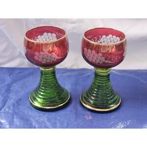 Vtg German Roemer Wine Glass Etched Grape Green Cranberry Frankfurt Htf Pair 2